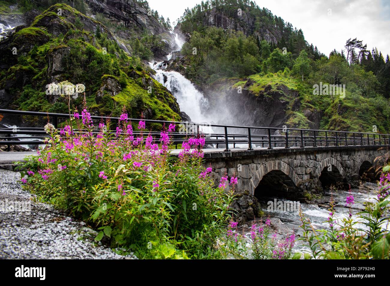 Latefossen Latefoss - one of the biggest waterfalls in Norway, with near stone bridge Stock Photo