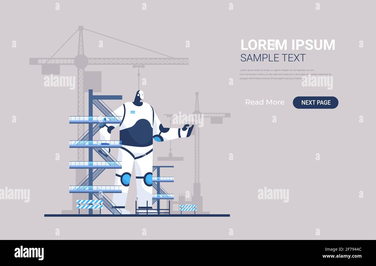 modern robot foreman engineer against construction site with building tower cranes artificial intelligence technology Stock Vector