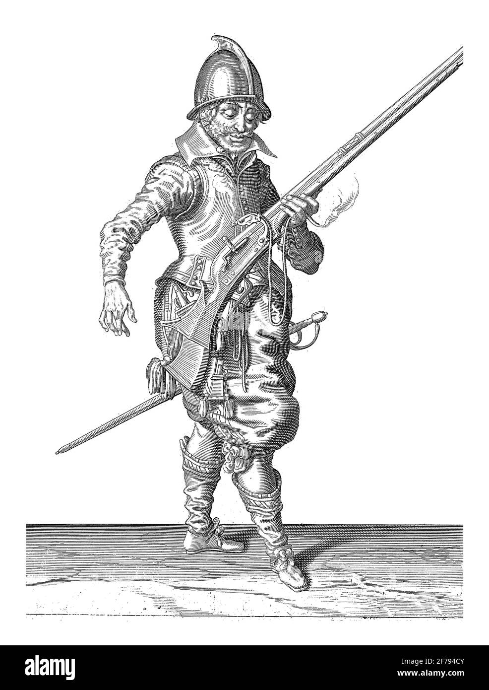 A Soldier, Full Length, to the right, holding a rudder (a particular type of firearm), vintage engraving. Stock Photo