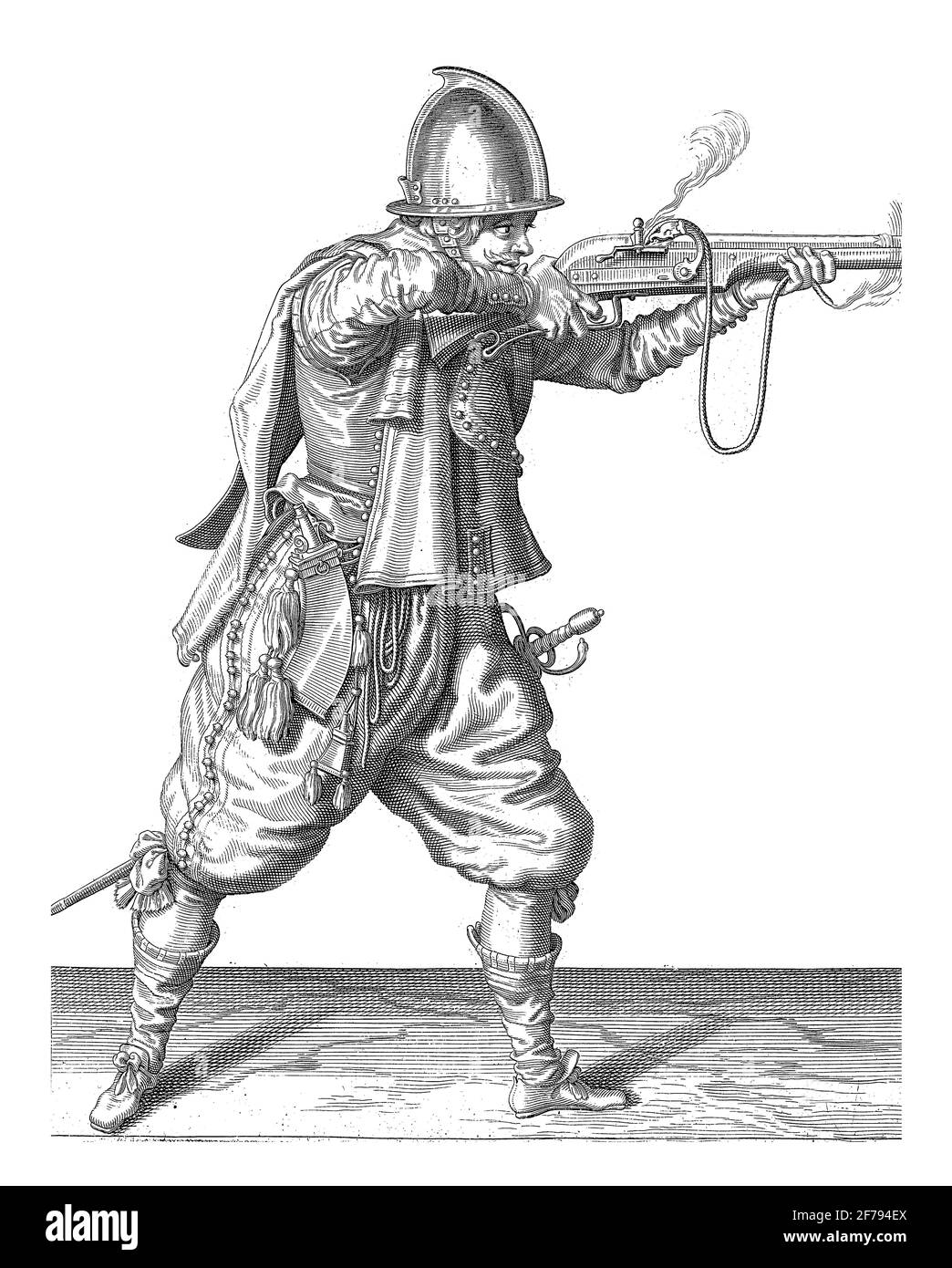 A soldier, full-length, to the right, holding a hold rudder (a particular type of firearm) horizontally with both hands, aim and fire (No. 11), c. 160 Stock Photo