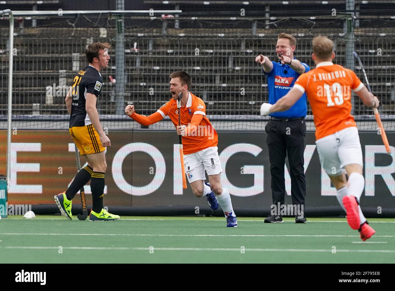 AMSTELVEEN, NETHERLANDS - APRIL 5: Thierry Brinkman of Bloemendaal celebrates after scoring his sides second goal during the Euro Hockey League Final Stock Photo