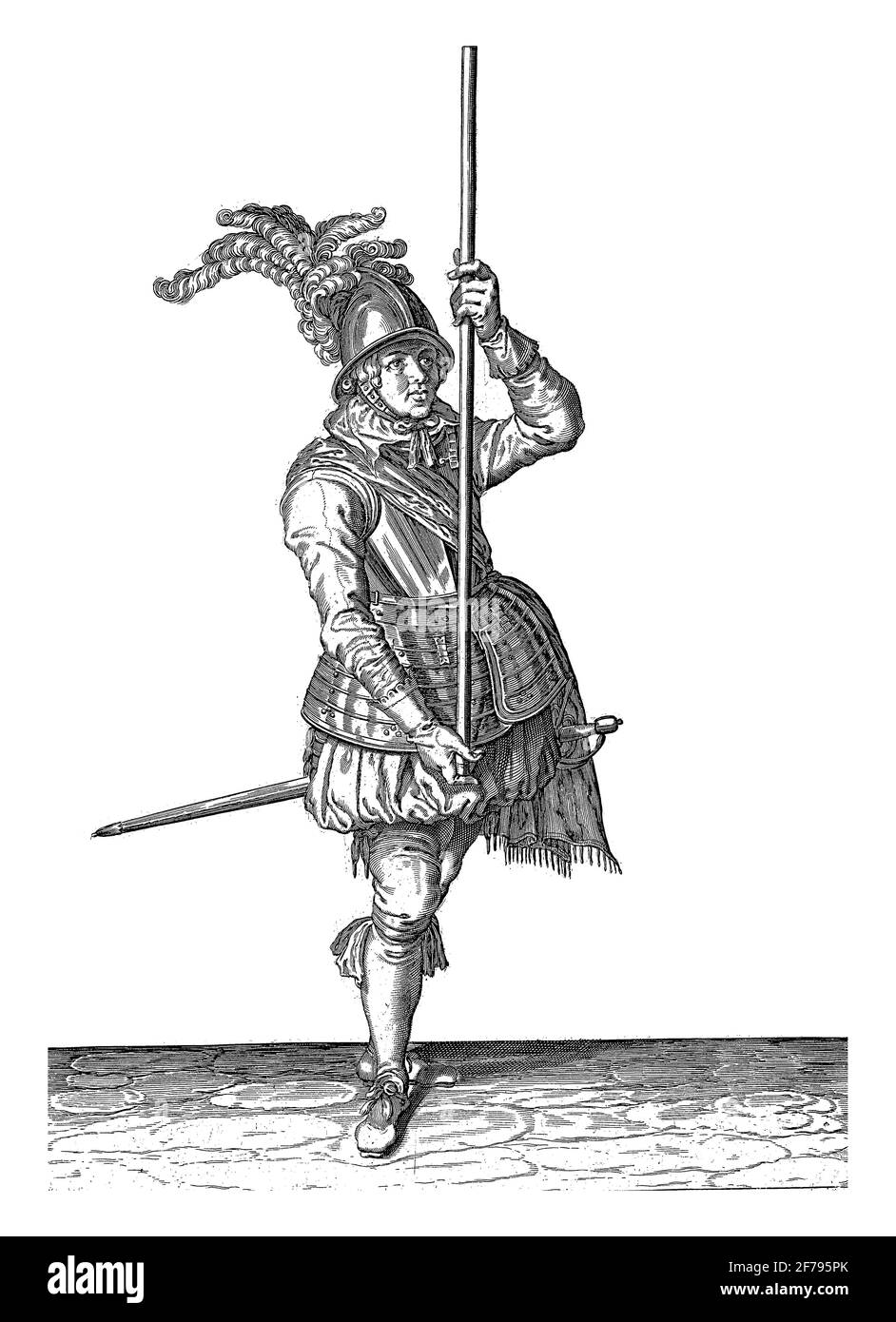 A Soldier, full-length, holding a skewer (lance) with both hands upright high above the ground (No. 3), c. 1600. This is the second operation for lift Stock Photo