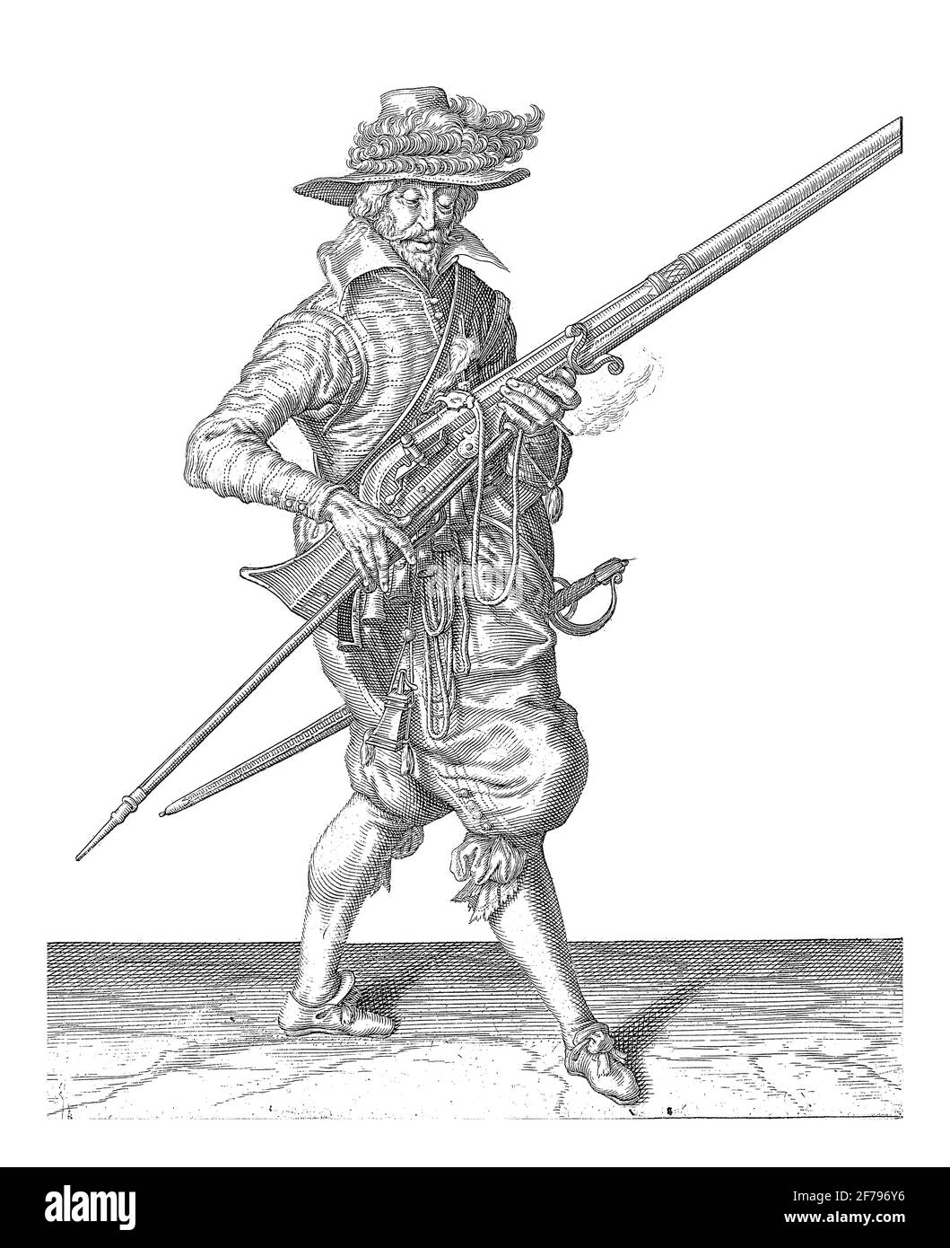 A soldier, full-length, to the right, holding a musket with his left hand after firing, tilting the barrel at an angle to avoid accidentally injuring Stock Photo