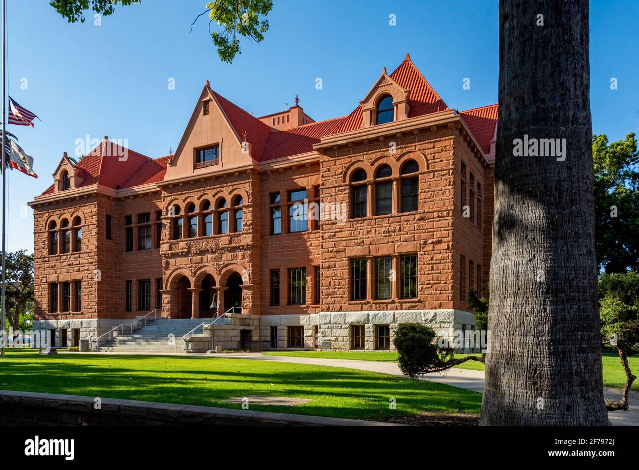 Old Orange County Courthouse, dedicated in 1901, is a granite and sandstone Romanesque Revival building in the Santa Ana Historical Downtown District. Stock Photo
