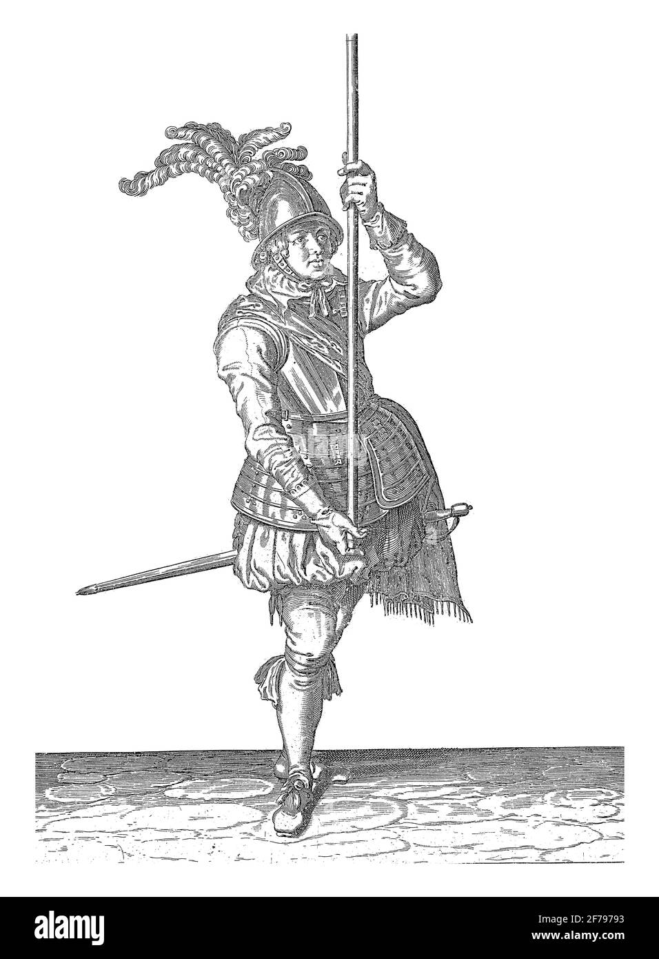 A Soldier, Full Length holding a skewer (lance) with both hands upright high above the ground, vintage engraving. Stock Photo