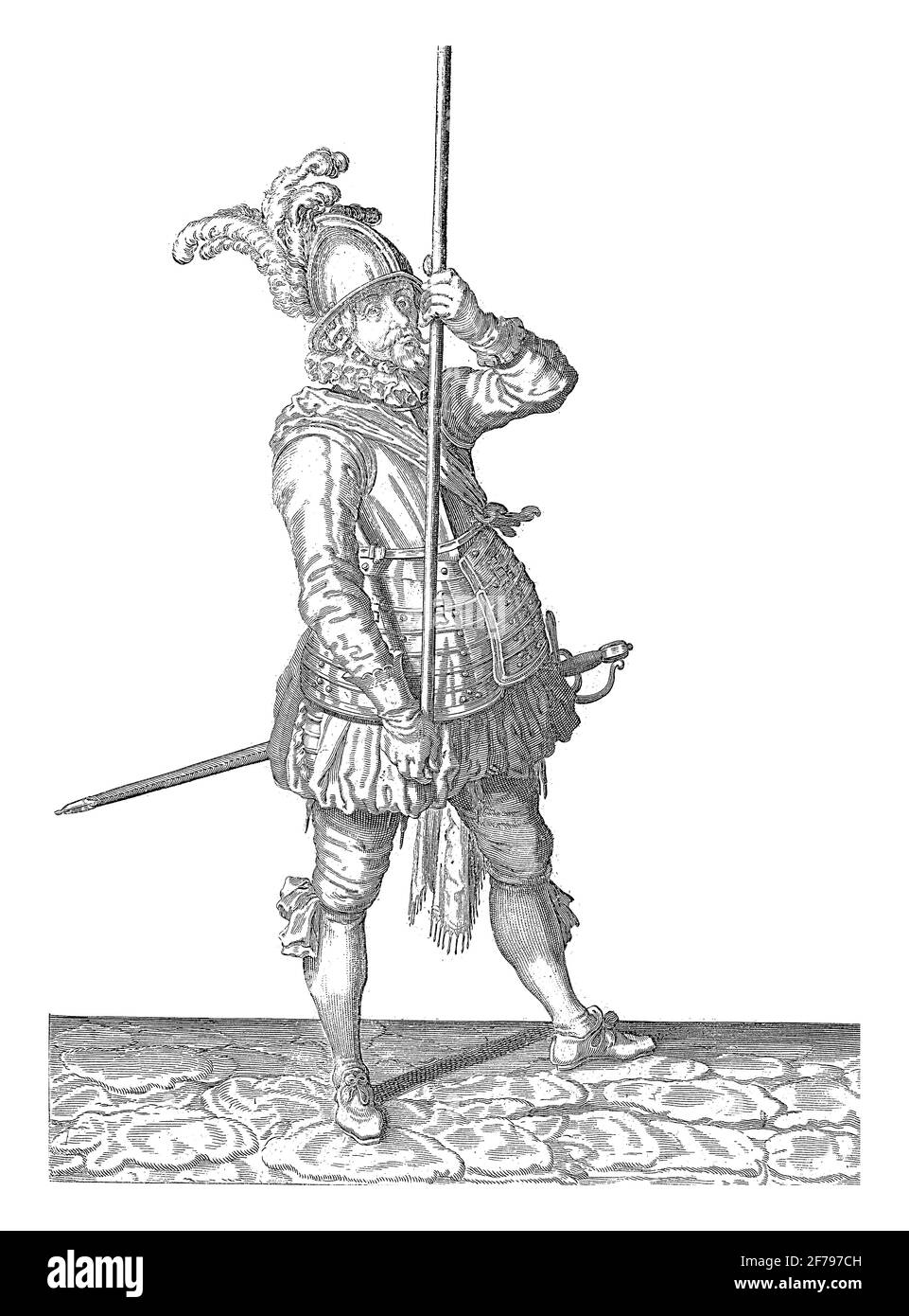 A Soldier, Full Length out, to the right, holding a skewer (lance) with both hands upright high above the ground, vintage engraving. Stock Photo