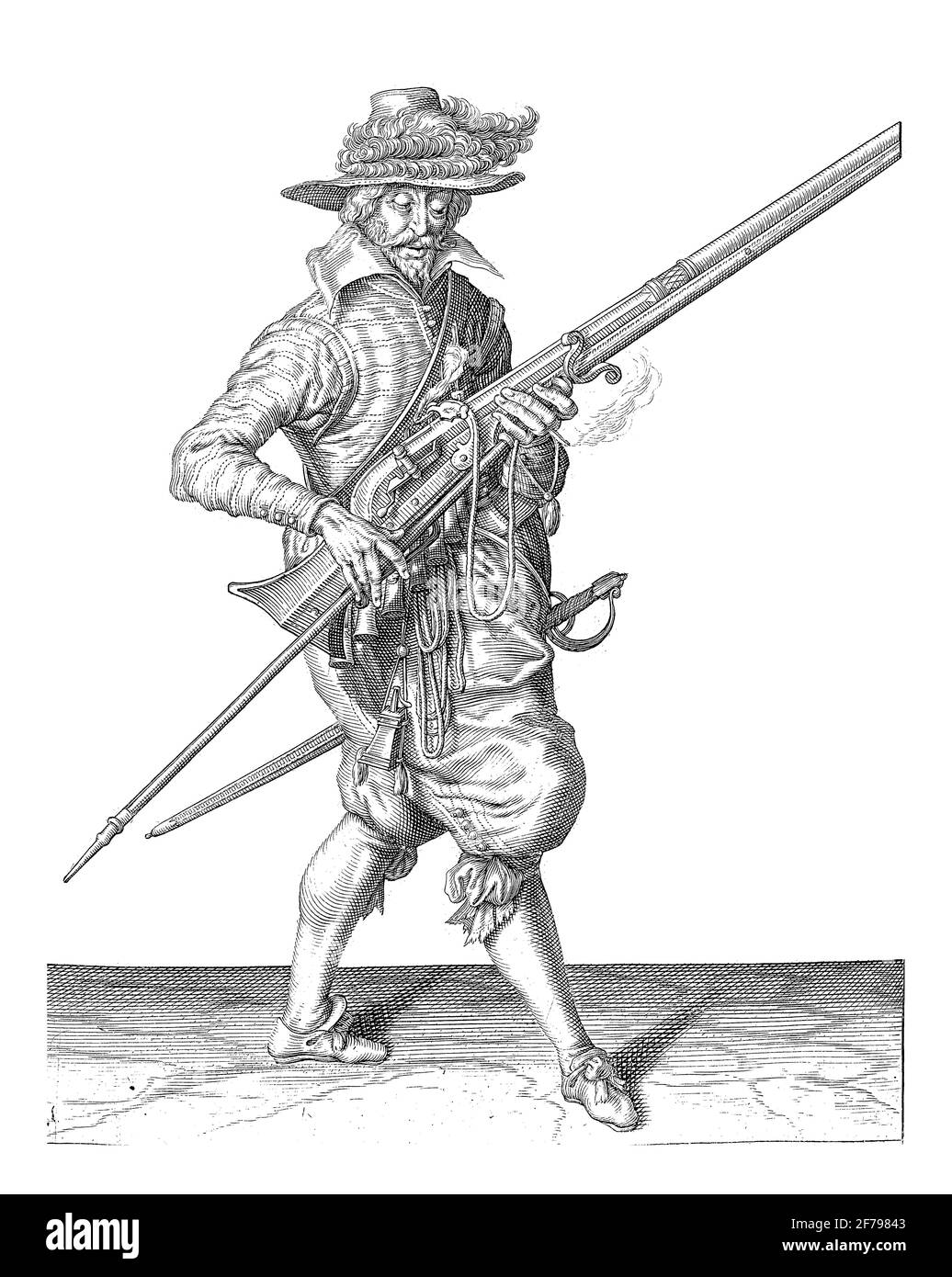 Soldier Holding His Musket with His Left Hand Pointed at an Angle, Pulling His Furket Out From Under the Loop, vintage engraving. Stock Photo