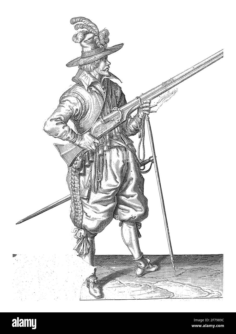 Guardian Soldier Holding His Musket at an Angle Right Side, Finger on the Trigger, vintage engraving. Stock Photo