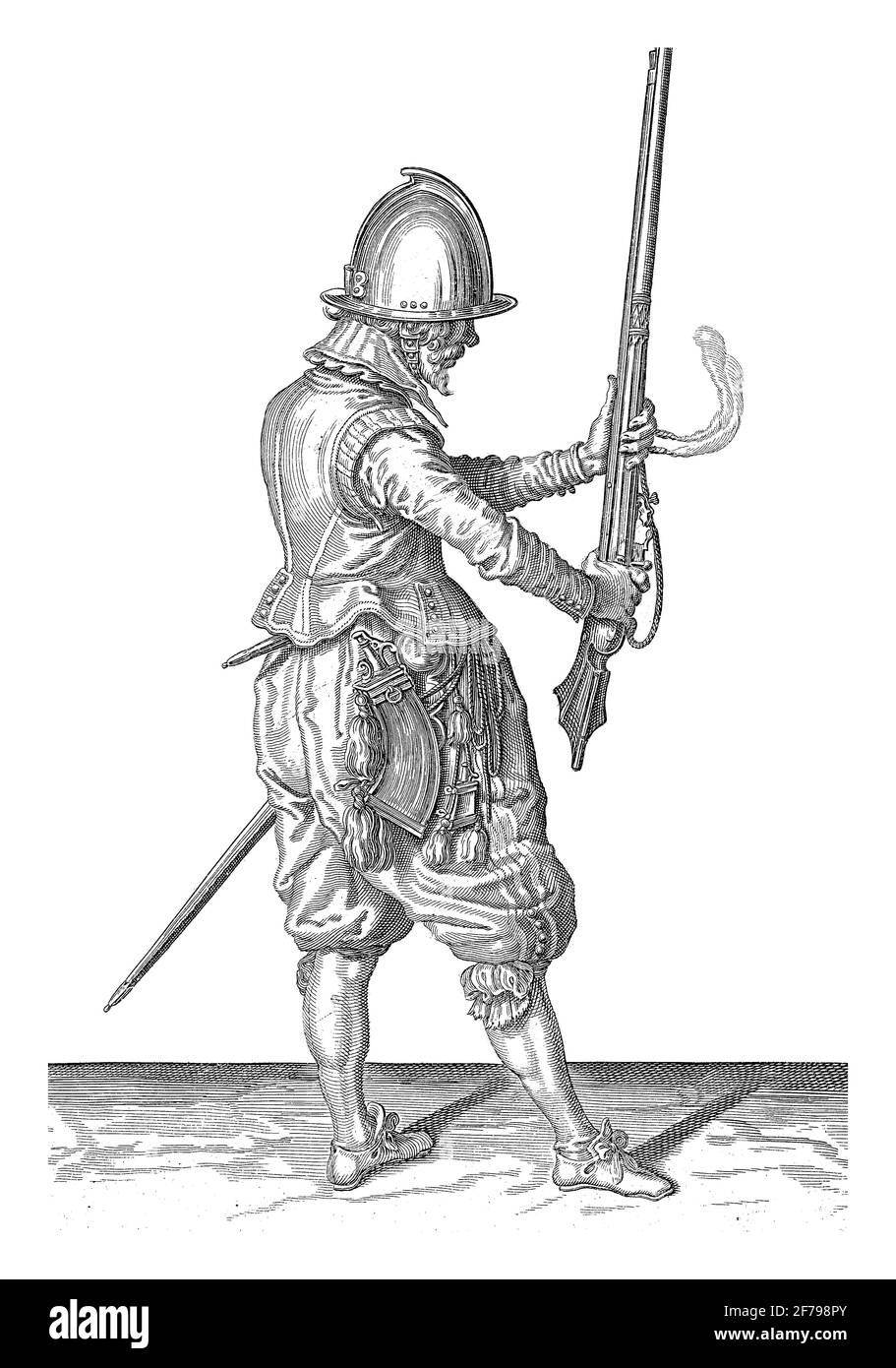 Soldier Holding His Rudder Upright with Both Hands in Front of Him, vintage engraving. Stock Photo