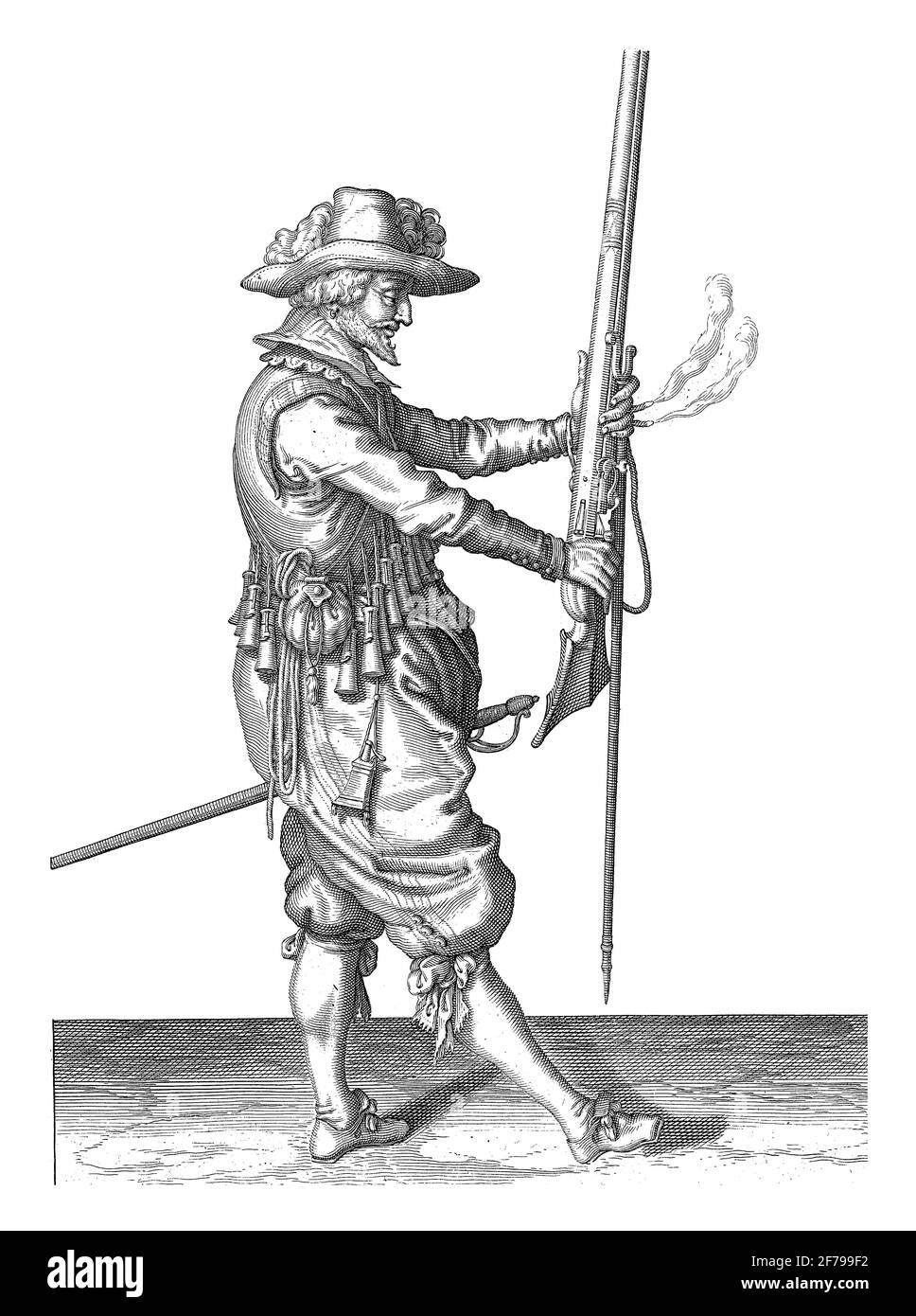 Soldier Holding His Musket Upright with Both Hands in Front of Him, vintage engraving. Stock Photo