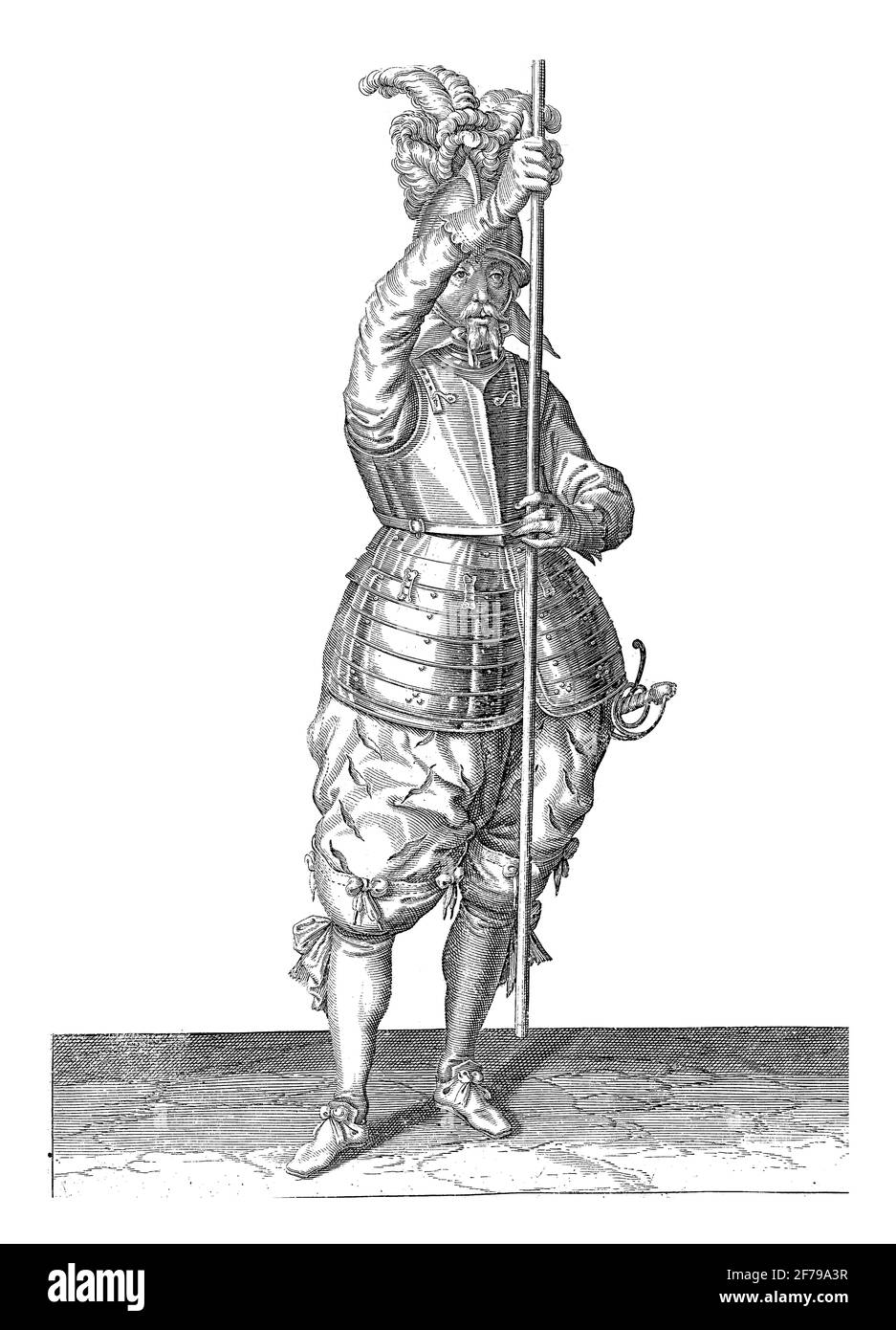 Soldier, viewed from the front, holding his skewer upright with his hands slightly above the ground, vintage engraving. Stock Photo
