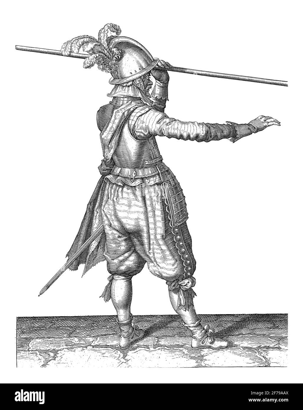 Soldier Carrying His Skewer with His Left Hand Above His Left Shoulder, Right Hand Outstretched Forward, vintage engraving. Stock Photo