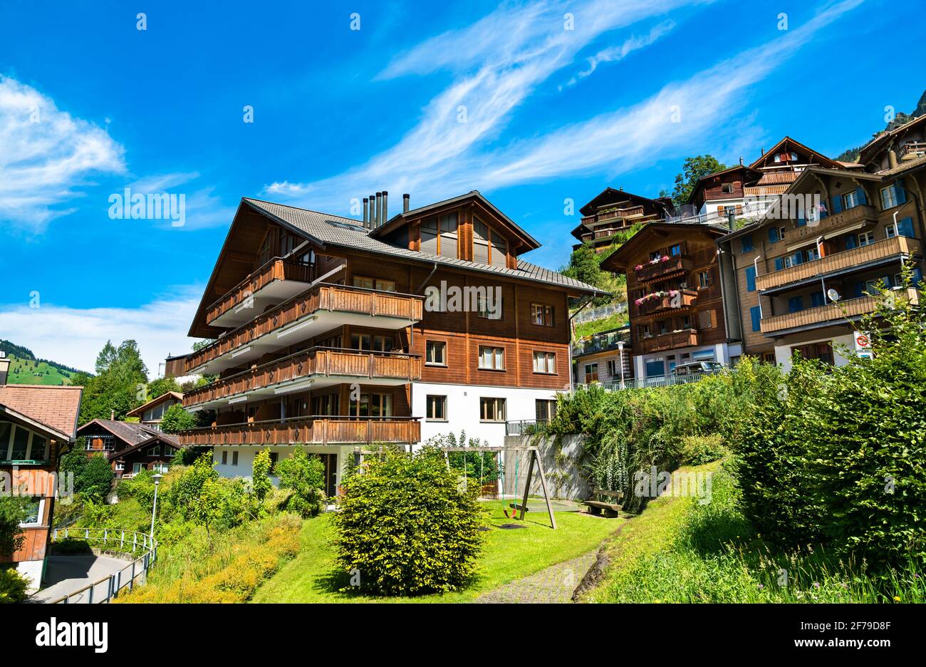 Traditional wooden house in Wengen, Switzerland Stock Photo