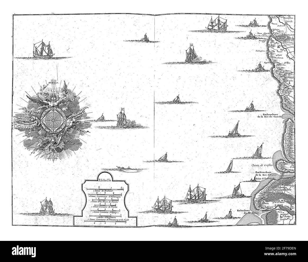 Map of the French coast at Boulogne and Picardy, vintage engraving ...