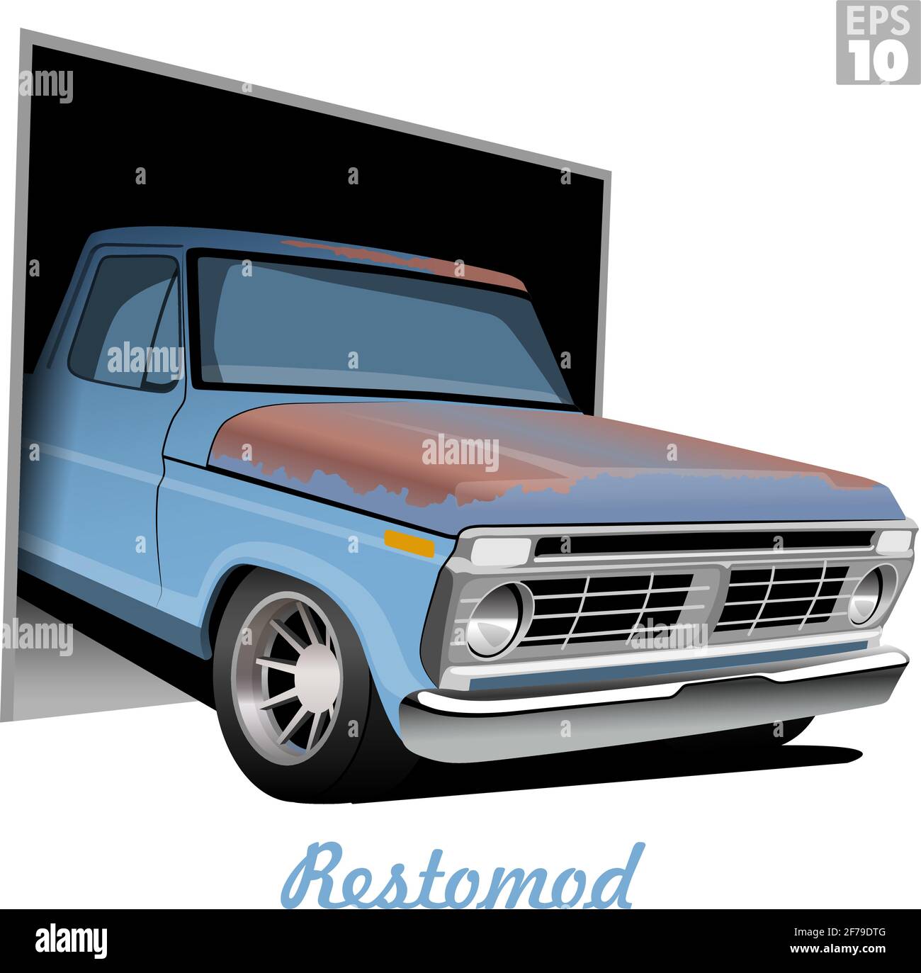 1970s American old farm truck restomod with rusted hood, a project car that is restored with modern wheels for better performance. Stock Vector