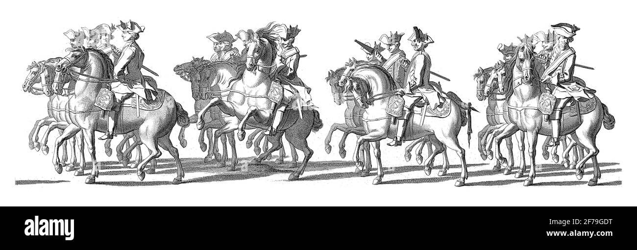 Four groups of whisks on horseback. In the margin the caption in Dutch