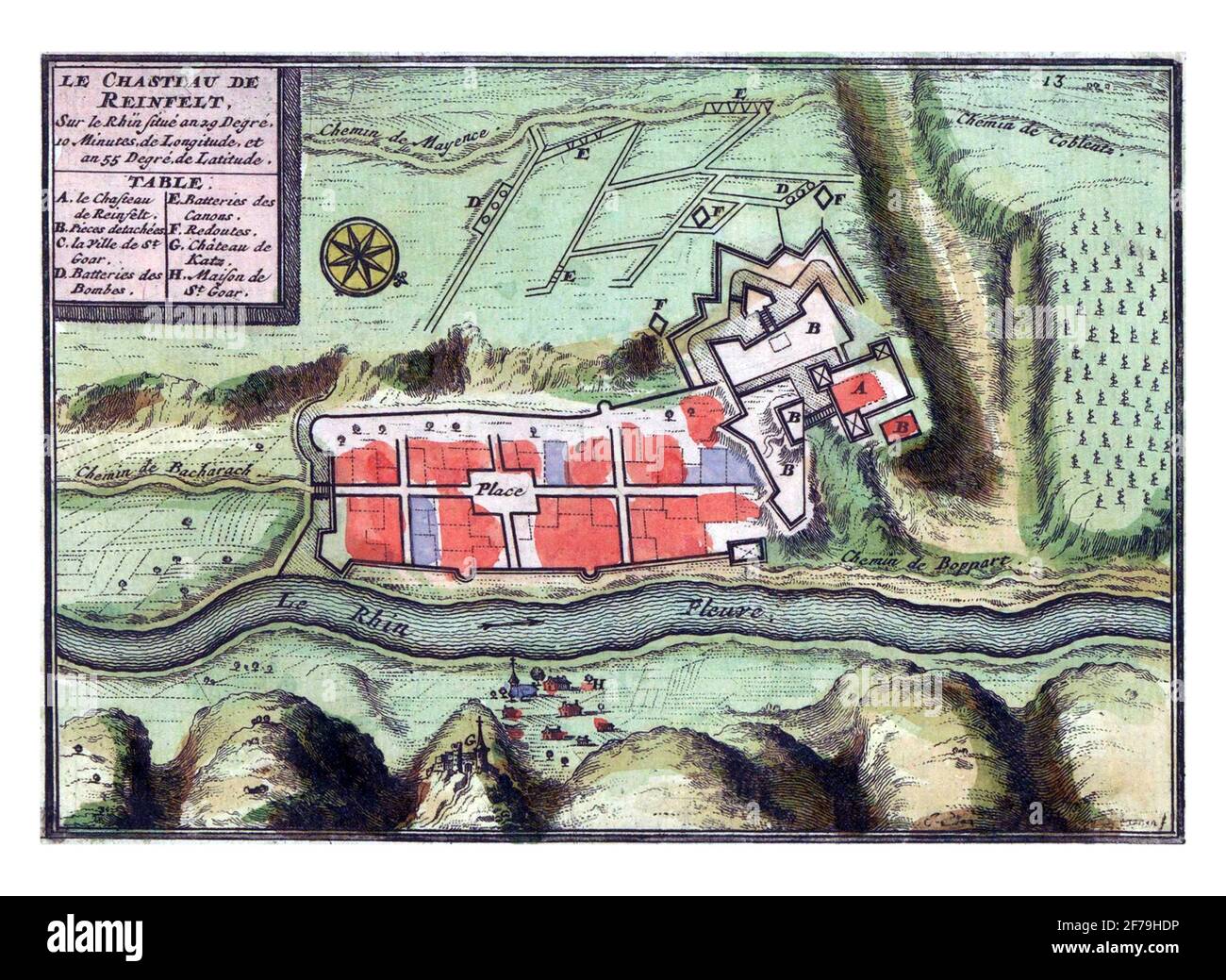 Map of Rheinfels, vintage engraving. Stock Photo