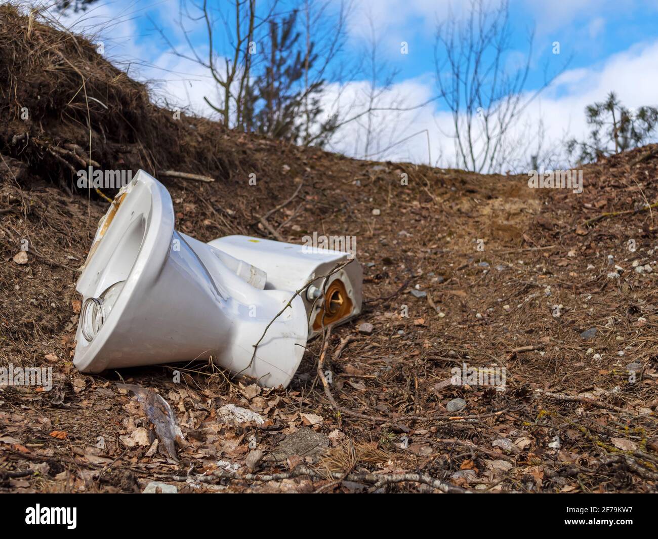 Toilet Litter. Pollution of the forest by household rubbish on nature. A pile of garbage. Broken ceramic toilet discarded in a swamp with other garbage.Polluting environment concept Stock Photo