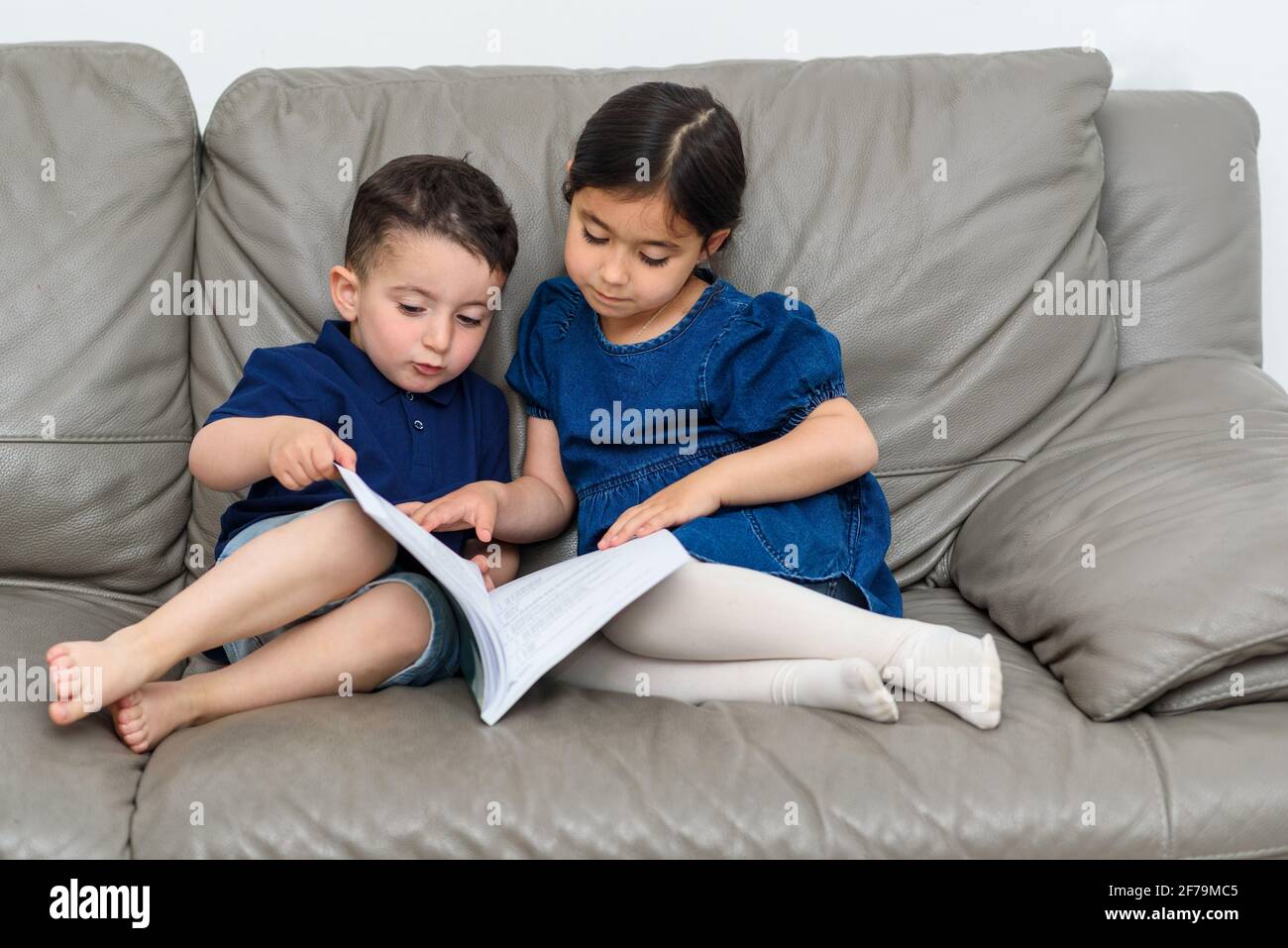 Family quality time together. Immediate family members, inside the home reading a book. Quality time without digital devices and screen time. Siblings activities together. Stock Photo