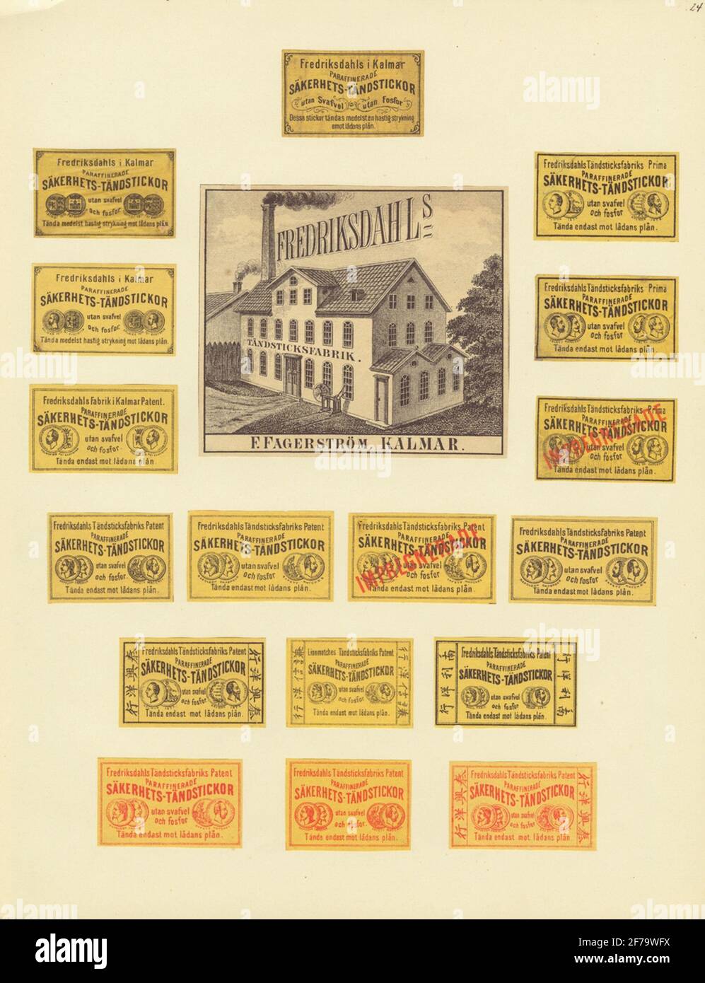 Matchbox labels, from the Swedish industrial and trading museum. (Fredriksdahl's match factory