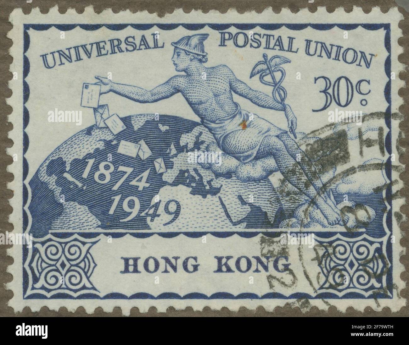 Stamp of Gösta Bodman's philatelist motive collection, started in 1950.The stamp from Hong Kong, 1949. Motifs of iodine half and the athlete. Mercury as a postman. 'U. P. U. 75 years 1874-1949'. Stock Photo