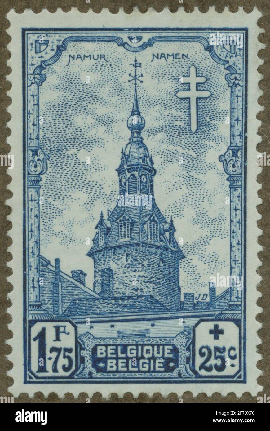Stamp of Gösta Bodman's philatelist motive collection, started in 1950.The stamp from Belgium, 1939. Motifs of the church in Namur. 'Tuberculosis series'. Stock Photo