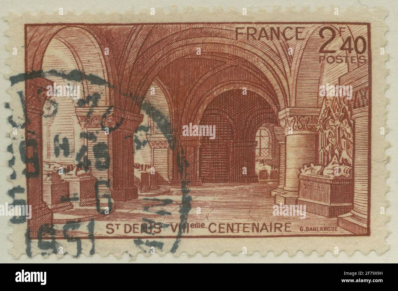 Stamp of Gösta Bodman's Philatelist Assignment, started in 1950.The stamp from France, 1944. Motifs of the Basilica St. Denis in Paris, with French royal braces in the crypt. '800-year memory of the church's foundation 1144-1944'. Stock Photo