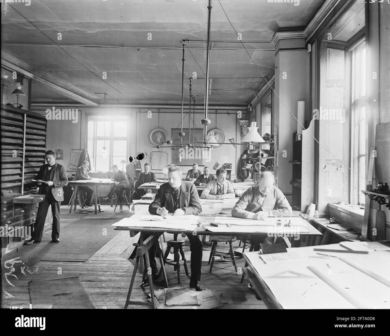 Drawing office. Some names from the left, A Lindström, Hagstedt, Sandman, Sorörberg, Weyland, O Lagerkvist and Wennerholm. Stock Photo