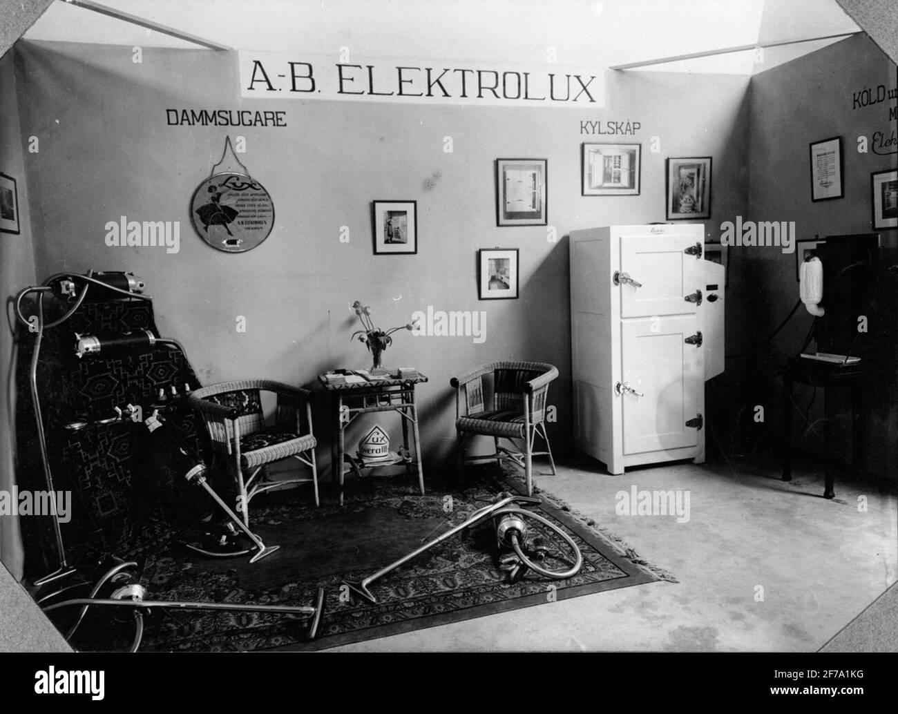 Electrolux vacuum cleaner and refrigerator in an interior of "home exhibition in Borås". Stock Photo