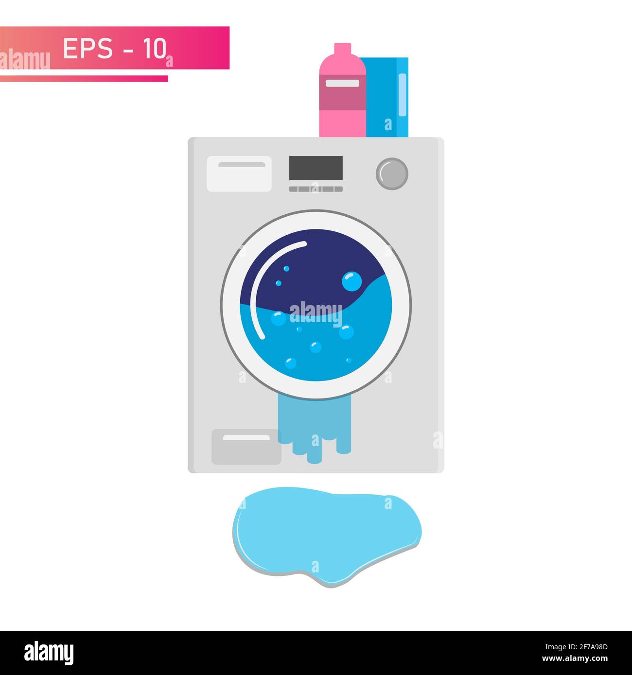 Leaking washing machine, puddle on the floor. The washing machine broke