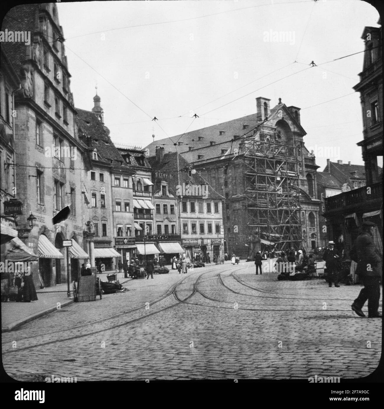 Skioptic image with motifs of street Grüner Markt in Bamberg. Renovated by church St. Martin.The image has been stored in cardboard labeled: the journey 1907. Bamberg 8. 19. Text on image: 'Grüner Markt'. Stock Photo