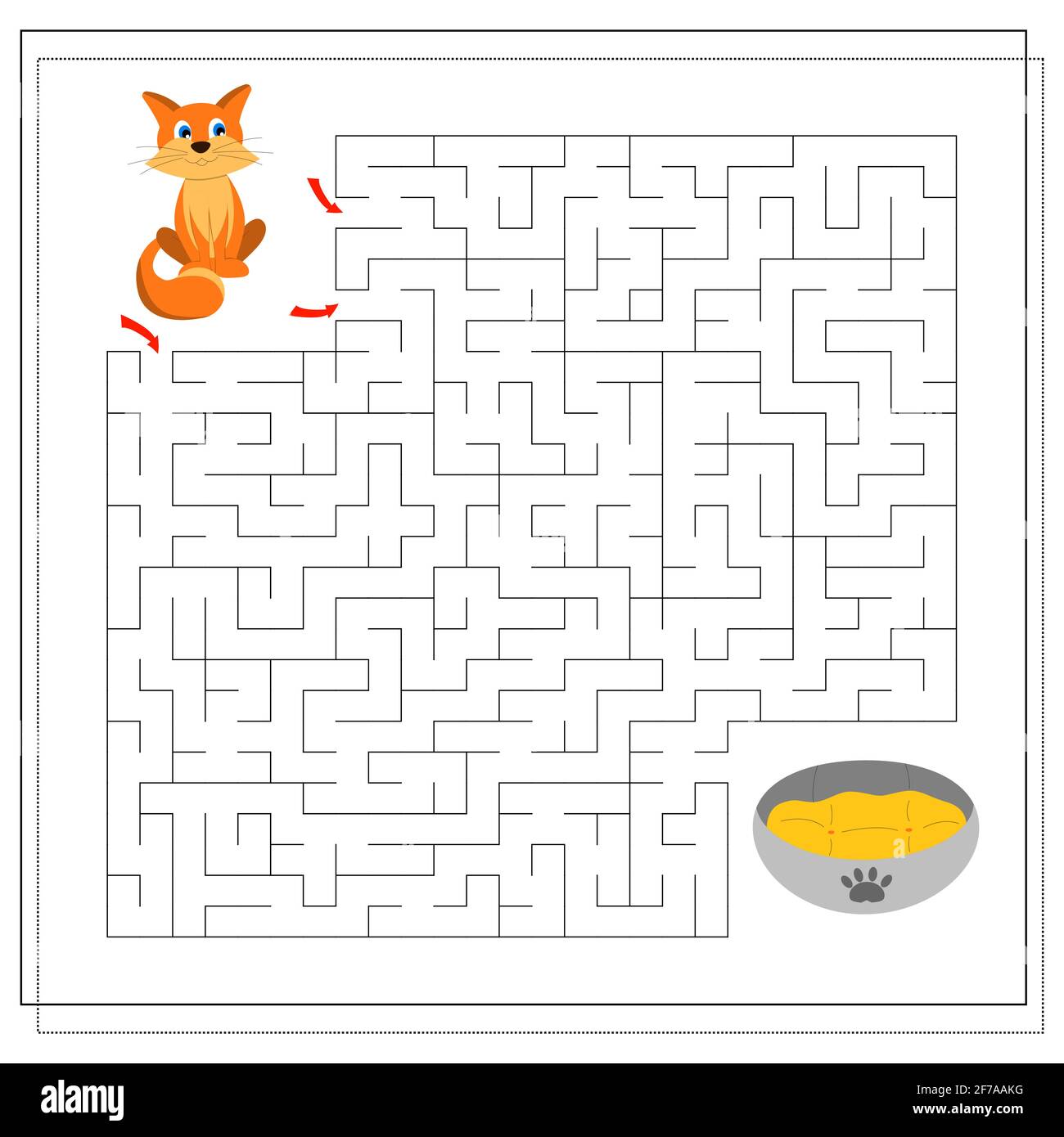 A maze game for kids. guide the cat through the maze to the bed. Vector isolated on a white background Stock Vector