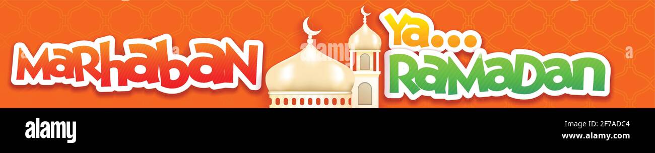 marhaban ya ramadan. greeting for ramadhan coming banner. playful cartoon vector illustration Stock Vector