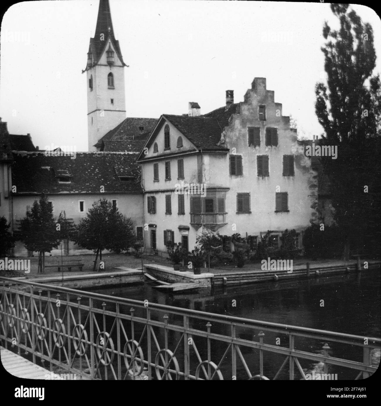 Skiopty icon with motifs of Kirche von Stein am Rhein.The image has been stored in cardboard labeled: the journey in 1904. Hamburg. Text on picture: 'Stein. Switzerland. Rhein'. Stock Photo