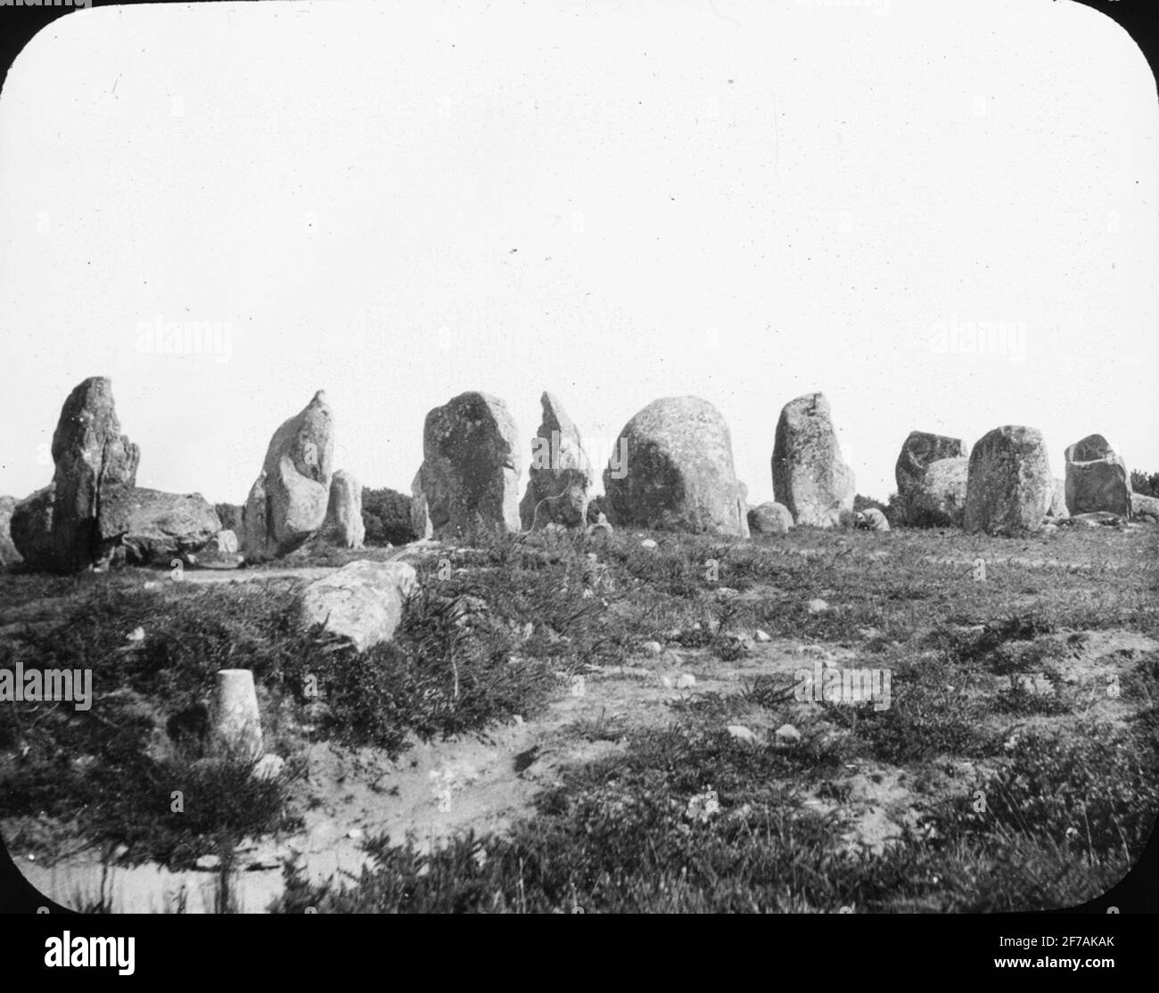 Skioptyconform with motifs of menhirs in the carnac. The image has been stored in cardboard labeled: the journey in 1908. Carnac 8. Stock Photo