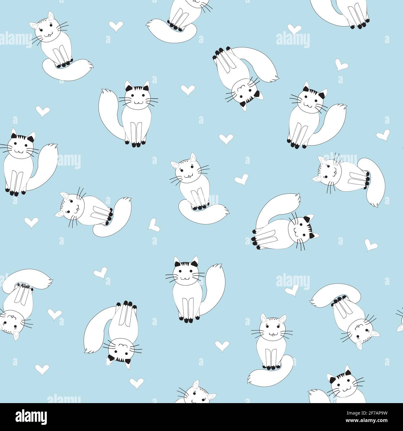 Cartoon white cats and hearts seamless pattern Stock Vector