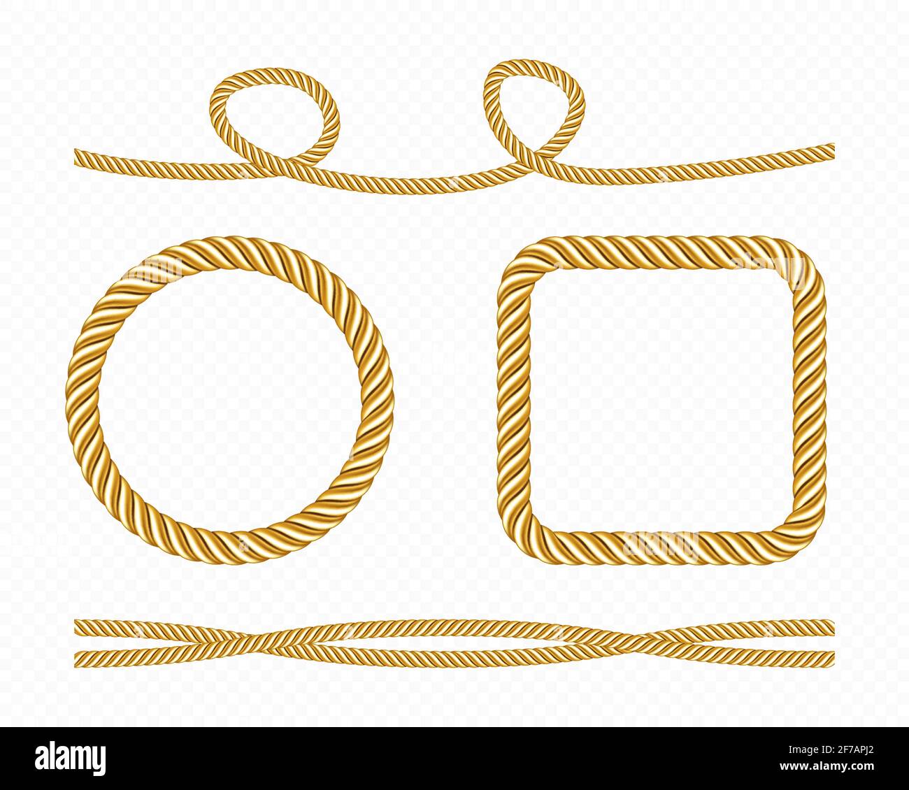 Gold silk cords, round and square frames of satin rope, golden threads, decorative sewing items isolated on transparent background. Tie borders, curve and twisted bows, Realistic 3d vector set Stock Vector
