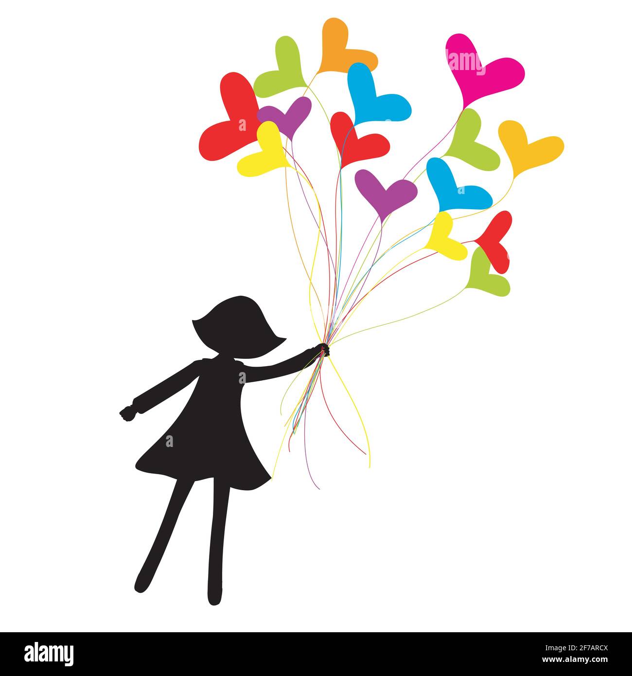 Girl silhouette flying with heart shape balloons Stock Vector Image ...