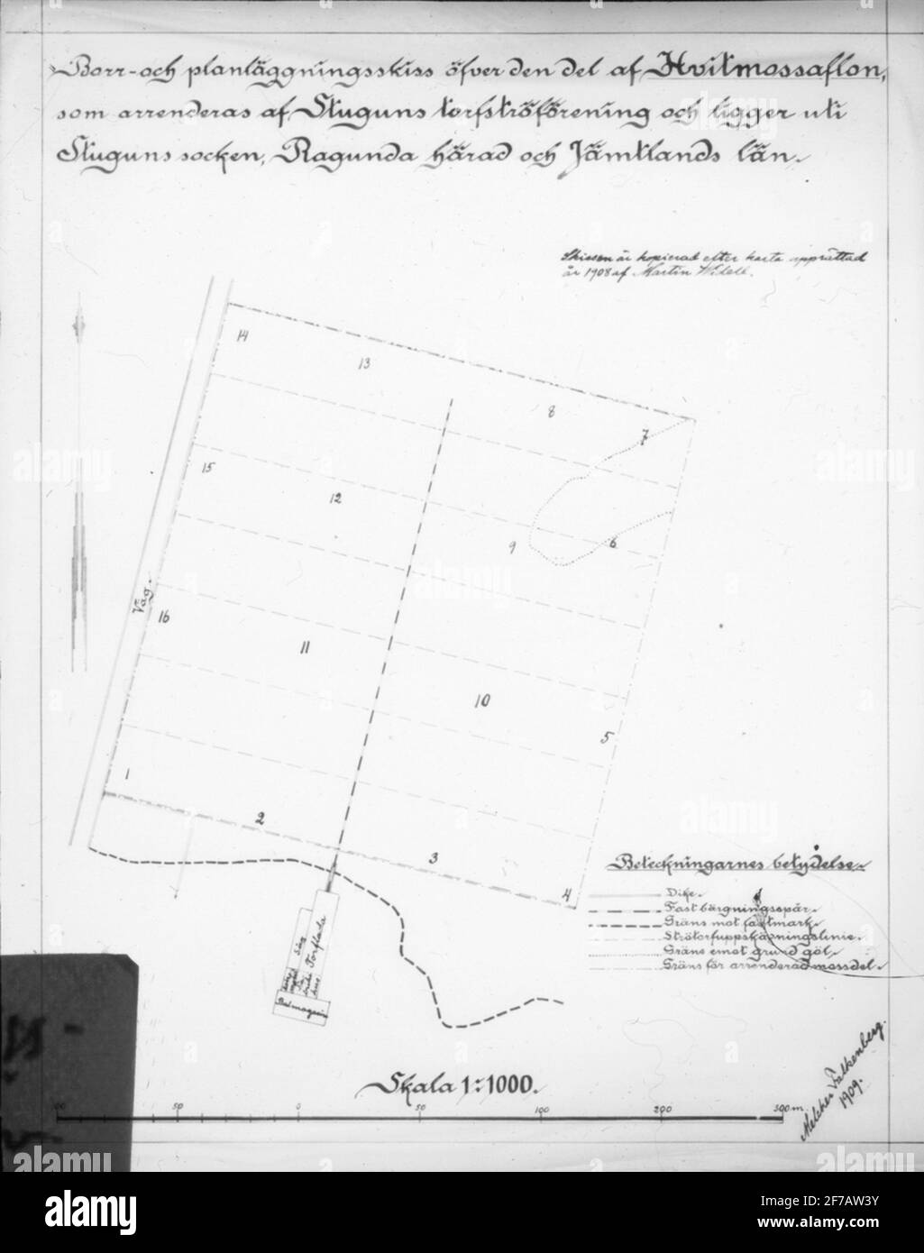 Skiopticone image. Drill and planning sketch over the Hvit moss flange leased by Stugun's Torftröförening and located Uti Stugun's parish, Ragunda Härad and Jämtland County. Stock Photo