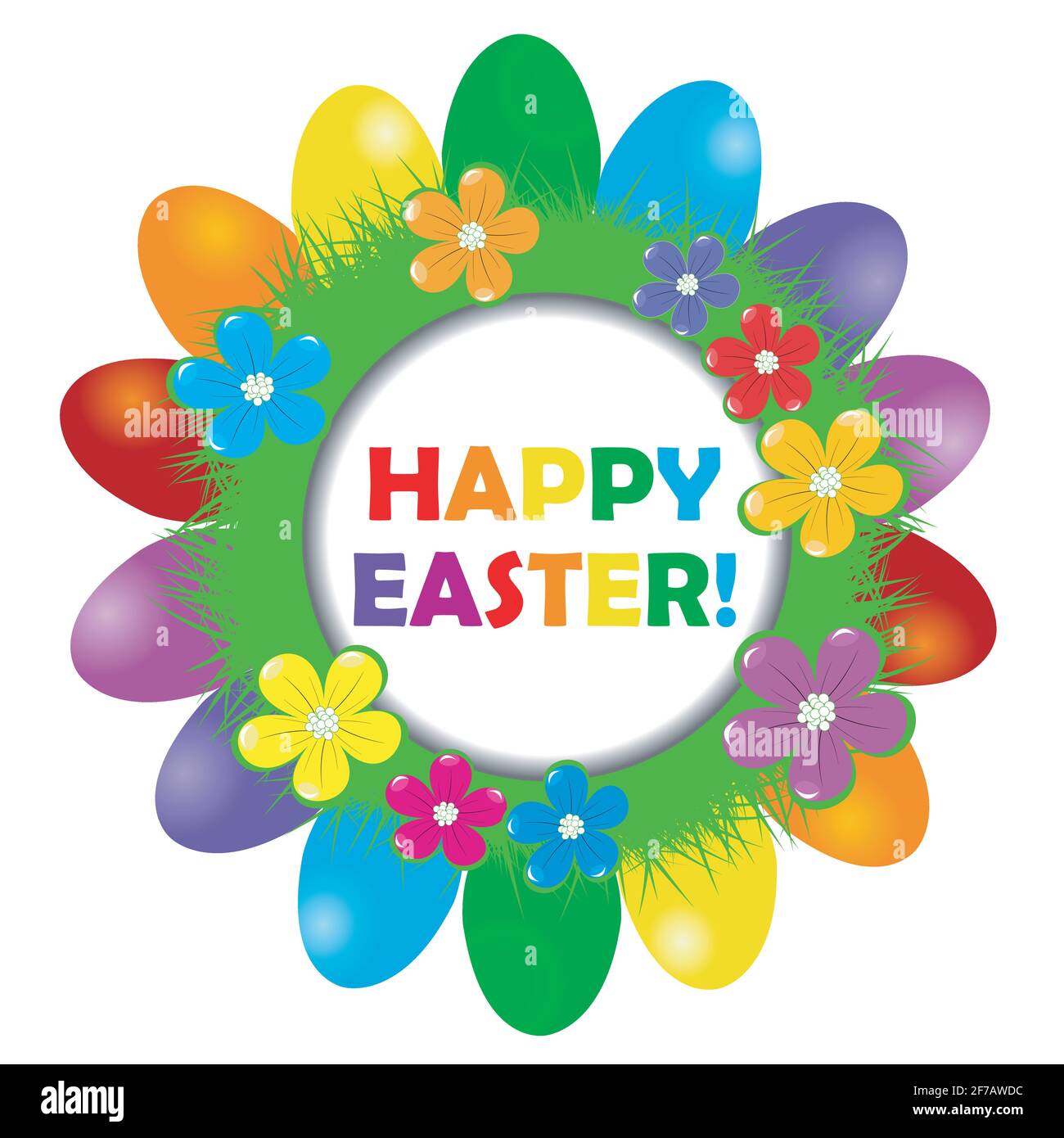 Easter frame with rainbow colored eggs, grass and flowers Stock Vector