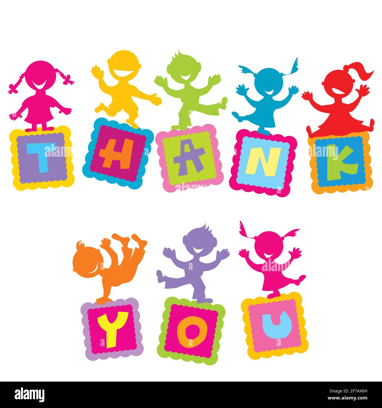 Thank you card with cartoon colored kids Stock Vector