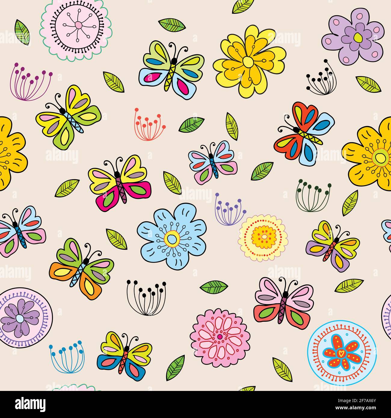 Seamless pattern with colored doodle flowers and butterflies Stock Vector