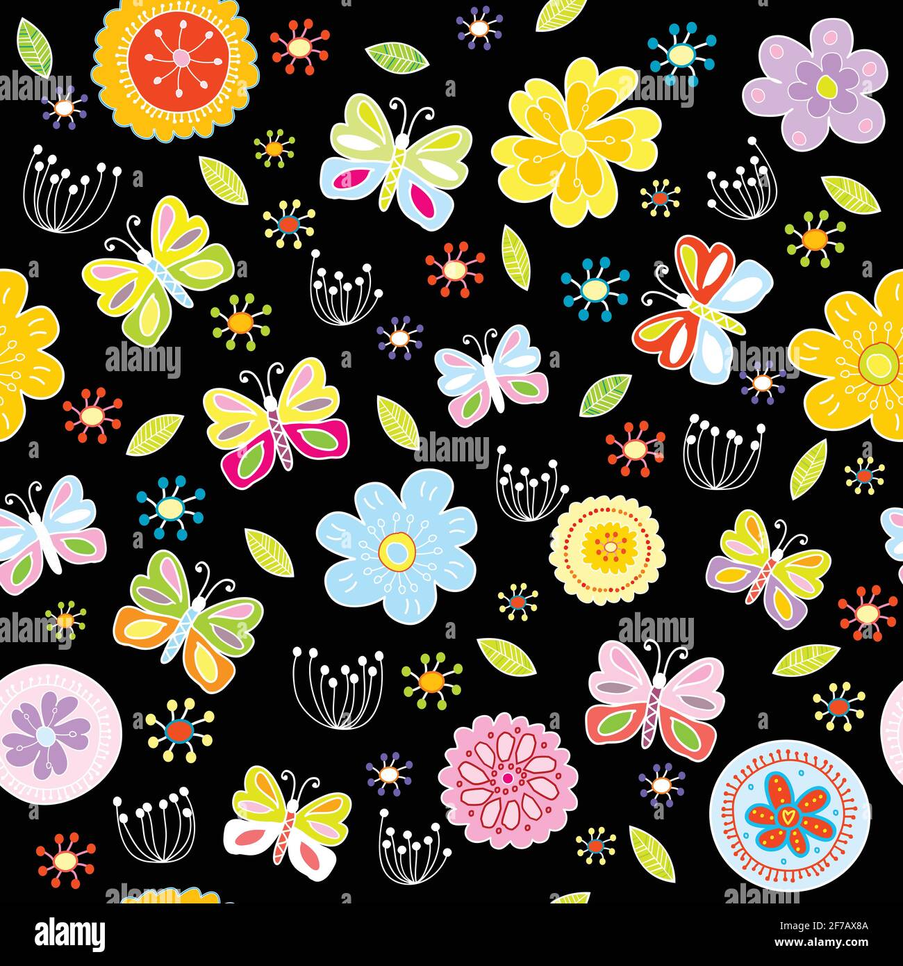 Floral pattern with butterflies on black background Stock Vector