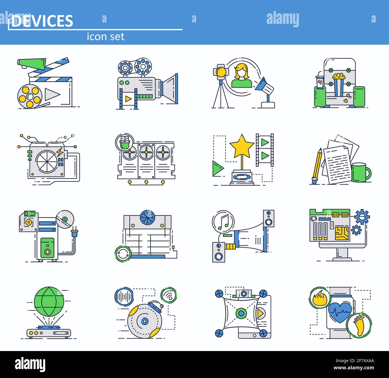 Vector set of computer hardware devces and movie production icons in thin line style. Website UI and mobile web app icon. Outline design illustration. Stock Vector