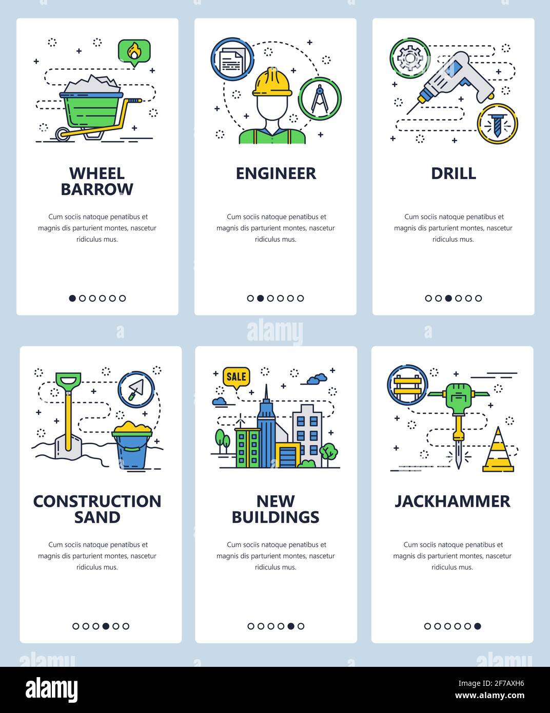 Vector web site linear art onboarding screens template. Building counstuction industry. Hardware tools, drill, jackhammer, wheel barrow. Menu banners Stock Vector