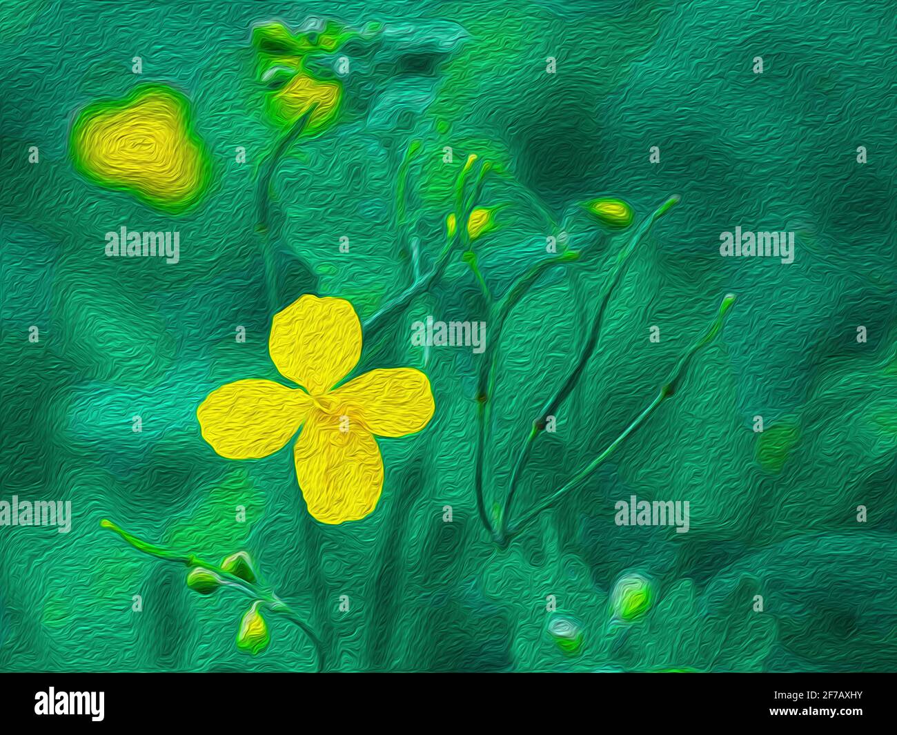 Yellow flower of celandine plant on a green background, raster illustration. Flowering Period: Spring-Autumn Stock Photo