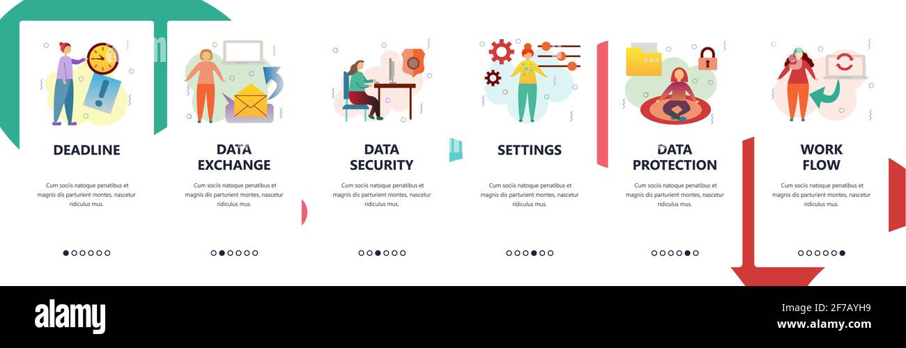 Web site onboarding screens. Data exchange, cyber security, data protection. Menu vector banner template for website and mobile app development Stock Vector