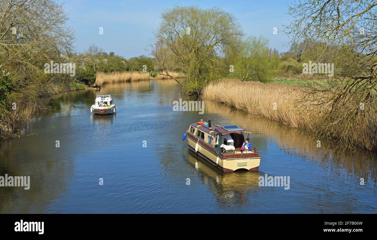Pleasure boats on the river Ouse at St Neots Cambridgeshire. Stock Photo