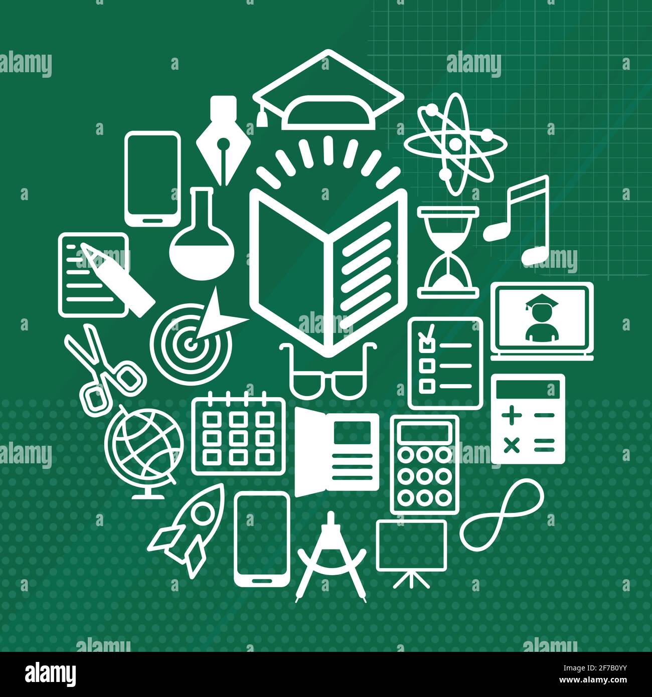 Back to school flat vector background. White icons on green chalkboard ...