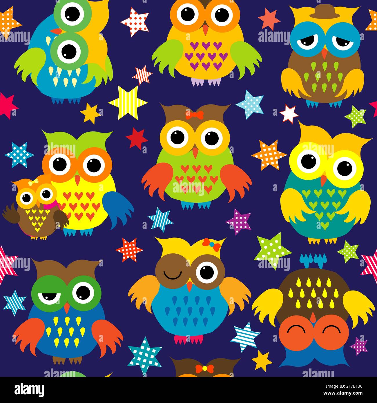 Cartoon owls in the nighttime colorful seamless pattern Stock Vector